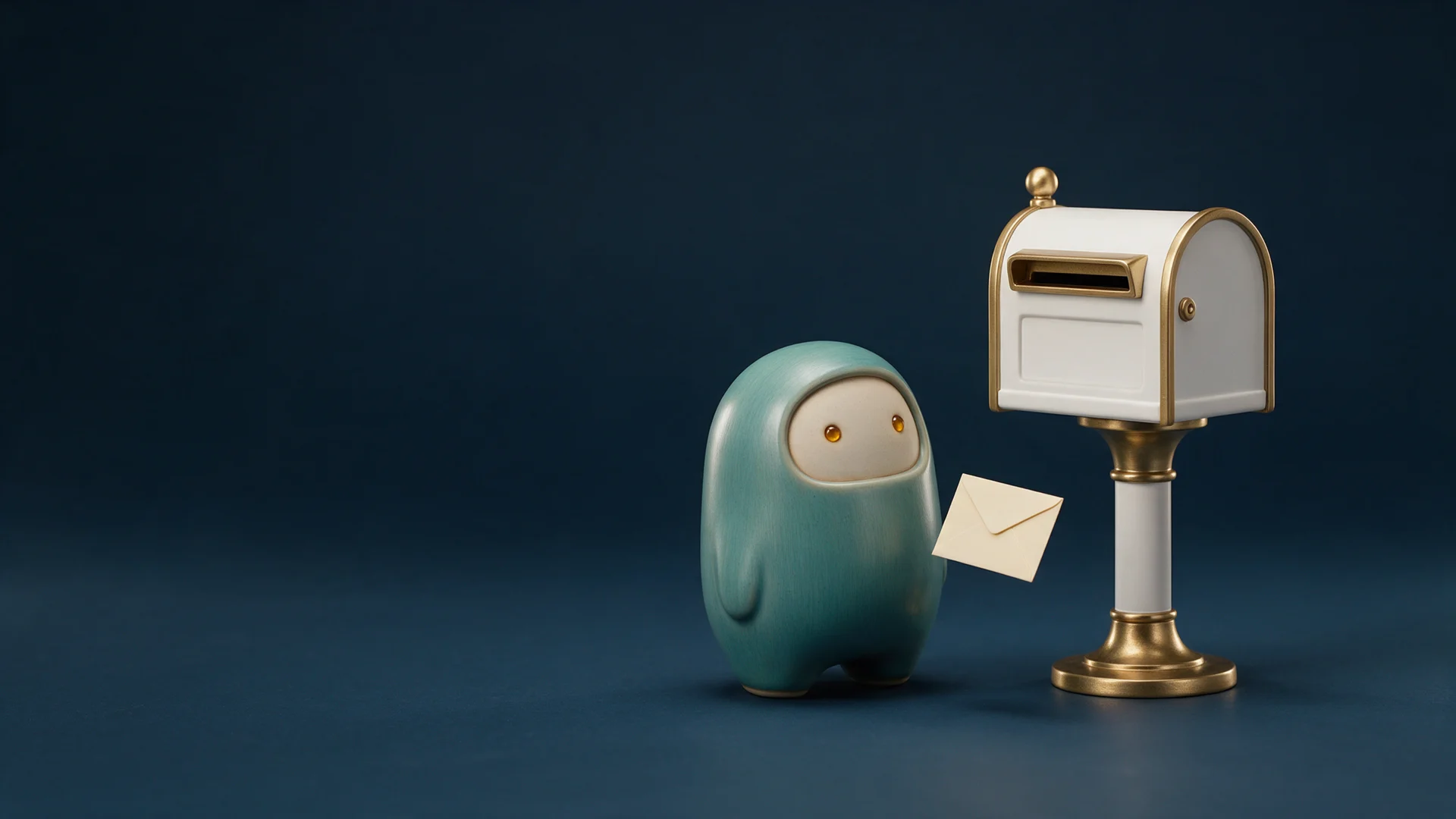 An illustrative friendly postal robot beside a postbox